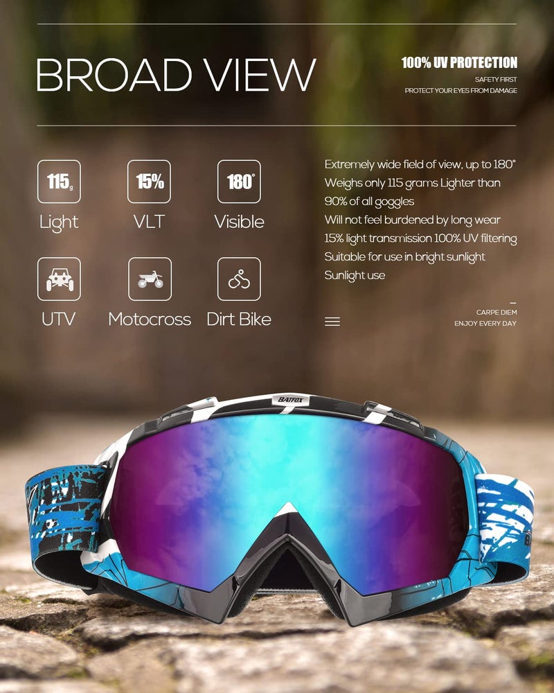 BATFOX Dirt Bike ATV Goggles Motorcycle Gear Riding Motocross Dirtbike 4-Wheeler MX DH Accessories Goggles Glasses for Men Women Youth UV400 Protection Dust-proof Anti-Slip Strap - Image 5